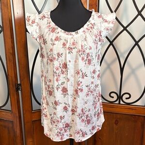 Women's White Floral Ruffle Sleeve Tunic - Pink Rose Print